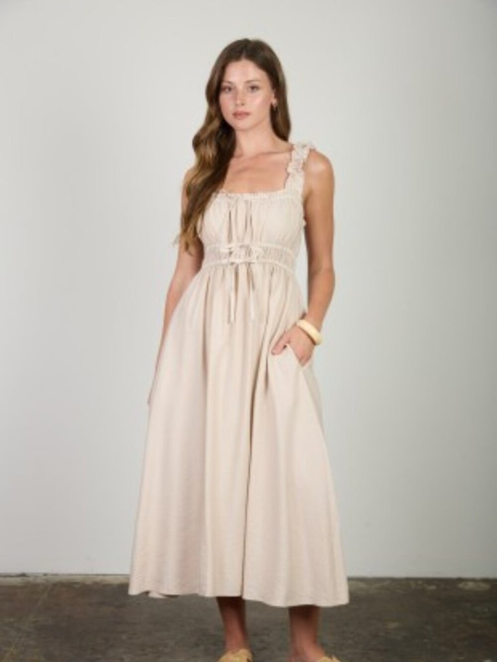 Shirred Stripe Front Tie Sleeveless Midi Dress